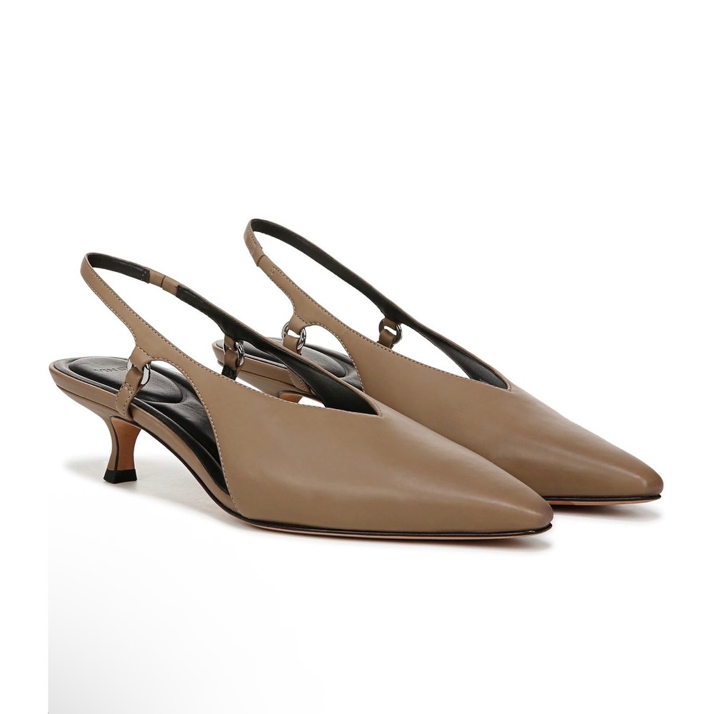 Vince Slingback Pumps Womens 5.5M Taupe Leather Pointed Toe V-Neck Kitten Heel